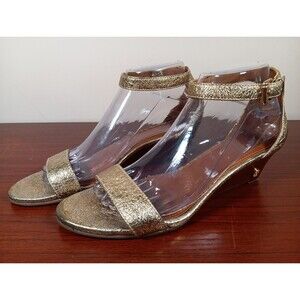 Tory Burch Savannah Wedge Sandal 8M Saharan Gold Metallic Adjustable Strap EUC